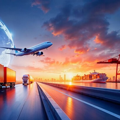 Avião, caminhão e navio representando o transporte internacional